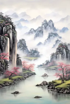 国风山水画河流花草国画水墨画素材背景 国风山水画河流花草国画水墨画素材背景