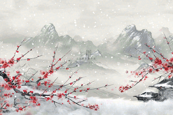 冬天山林里的小村庄红梅花白雪覆盖国风水墨画立冬冬至小雪大雪插画 冬天山林里的小村庄红梅花白雪覆盖国风水墨画立冬冬至小雪大雪插画