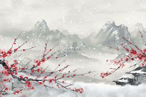冬天山林里的小村庄红梅花白雪覆盖国风水墨画立冬冬至小雪大雪插画 冬天山林里的小村庄红梅花白雪覆盖国风水墨画立冬冬至小雪大雪插画