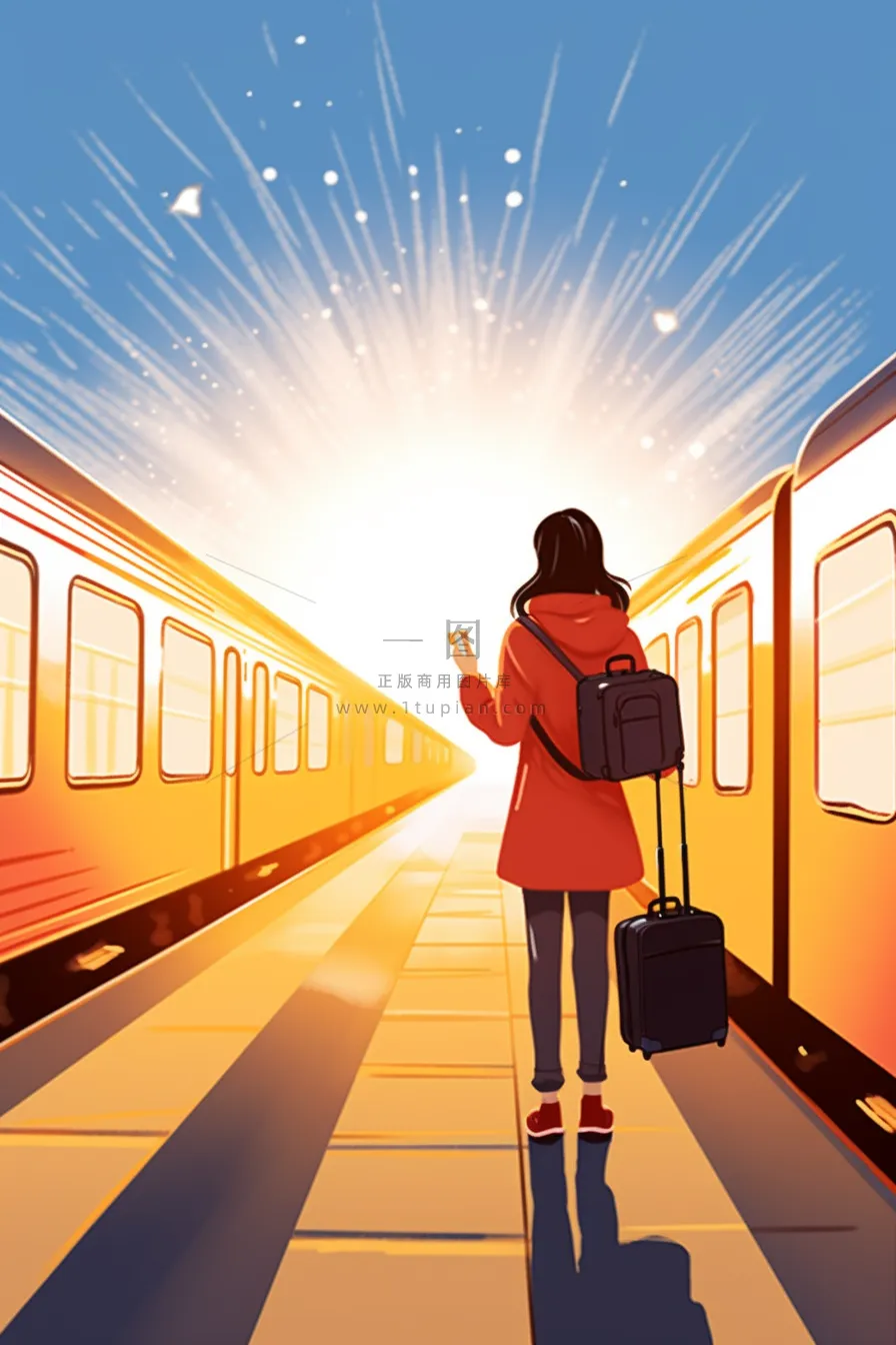 中国传统节日春节除夕春运赶火车回家团聚的人物插画海报背景