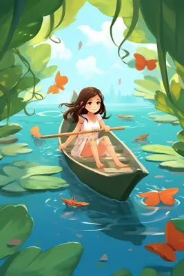 夏日女孩在荷叶睡莲湖面划船观赏卡通插画素材背景
