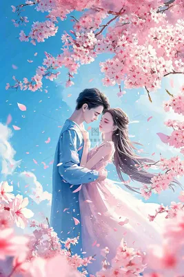 爱情情侣拥抱情人节浪漫粉色花朵，蓝天白云