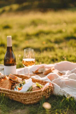 春天户外草坪野餐篮子露营食物酒面包摄影