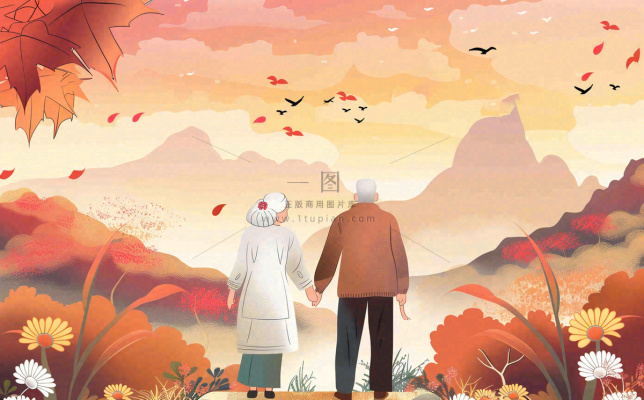 重阳节黄昏老人登高望远背影卡通插画背景