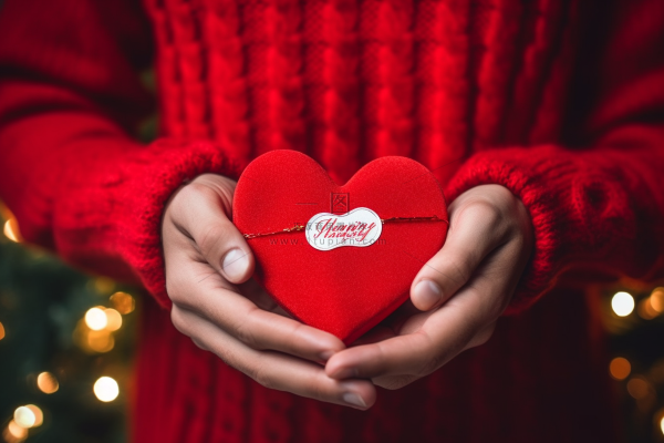 男孩手捧红色爱心礼盒摄影图