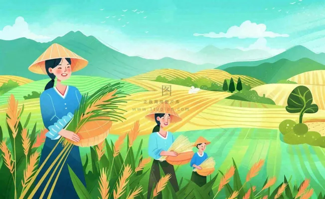 世界粮食日芒种秋收稻田麦子农民天空小满创意手绘卡通插画背景 世界粮食日芒种秋收稻田麦子农民天空小满创意手绘卡通插画背景