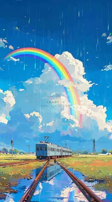 蓝天白云下草地河流高铁火车铁路手绘插画