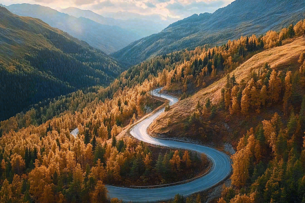 秋天森林蜿蜒的公路大自然风光摄影图