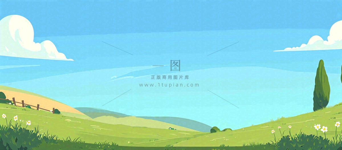 春天卡通扁平插画手绘蓝天绿色草地,春游,郊游,踏青