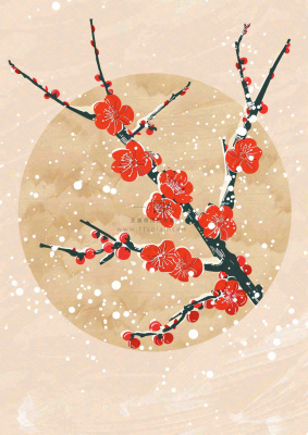 冬天梅花红圆形背景纸张纹理古风国风节日小年插画背景