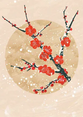 冬天梅花红圆形背景纸张纹理古风国风节日小年插画背景 冬天梅花红圆形背景纸张纹理古风国风节日小年插画背景