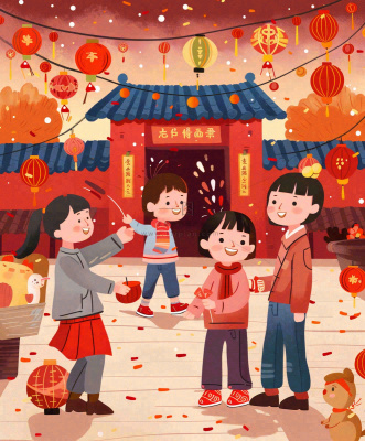 新年一家人游玩张灯结彩热闹喜庆放烟花街道小年除夕春节卡通插画背景 新年一家人游玩张灯结彩热闹喜庆放烟花街道小年除夕春节卡通插画背景
