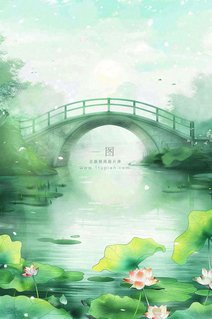 春夏绿意风景小清新荷花池塘拱桥绿荫阳光惊蛰春分立夏夏至水彩插画背景