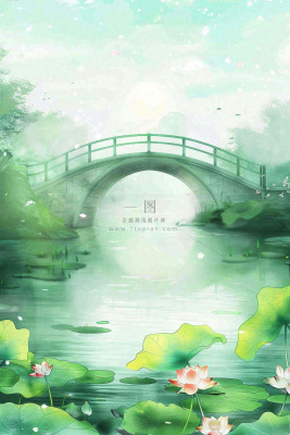 春夏绿意风景小清新荷花池塘拱桥绿荫阳光惊蛰春分立夏夏至水彩插画背景 春夏绿意风景小清新荷花池塘拱桥绿荫阳光惊蛰春分立夏夏至水彩插画背景