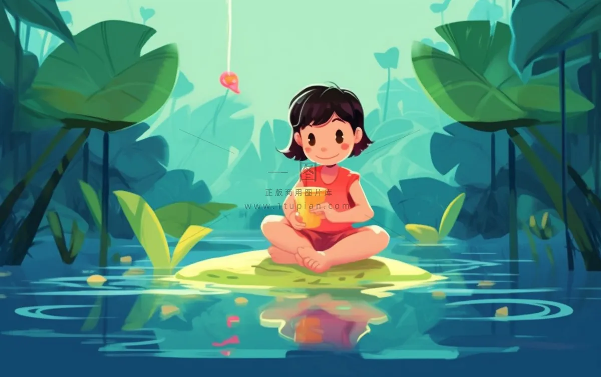 湖泊坐着睡莲上的人碧蓝插画背景