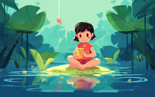 湖泊坐着睡莲上的人碧蓝插画背景 湖泊坐着睡莲上的人碧蓝插画背景