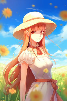 戴着帽子的美丽少女在花丛里卡通插画素材