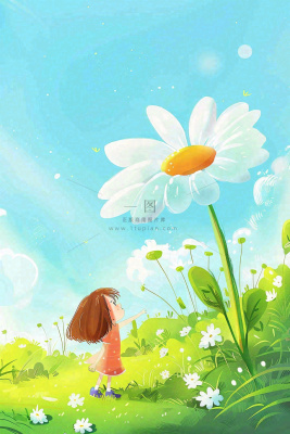 夏天插画手绘夏日风景立夏夏至节气炎热雏菊花朵卡通少女卡通