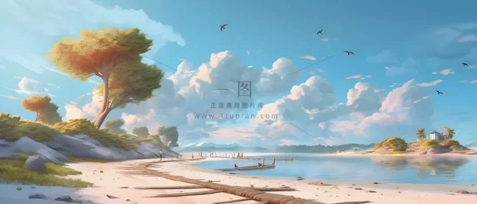 梦幻岛上的海滩清爽干净的风格天蓝色和米色宁静的氛围天蓝色背景