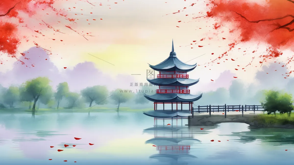 春天江南水乡山水阁楼凉亭红花树水墨画插画背景