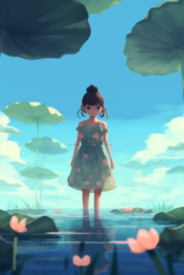 夏日女孩站在睡莲池里卡通插画素材