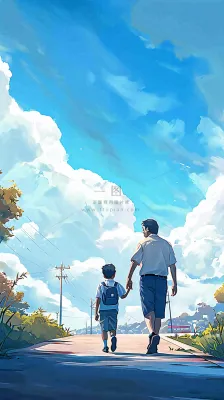 蓝天白云下父亲牵着手,父爱背影亲情伟大感恩 蓝天白云下父亲牵着手,父爱背影亲情伟大感恩