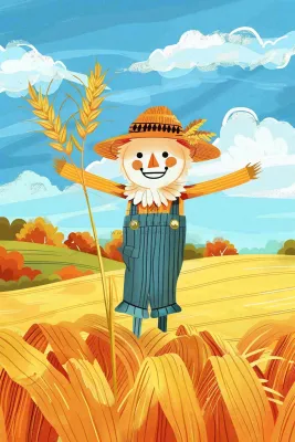 农场农田里的稻草人小麦麦穗秋收粮食芒种立秋秋分卡通插画背景