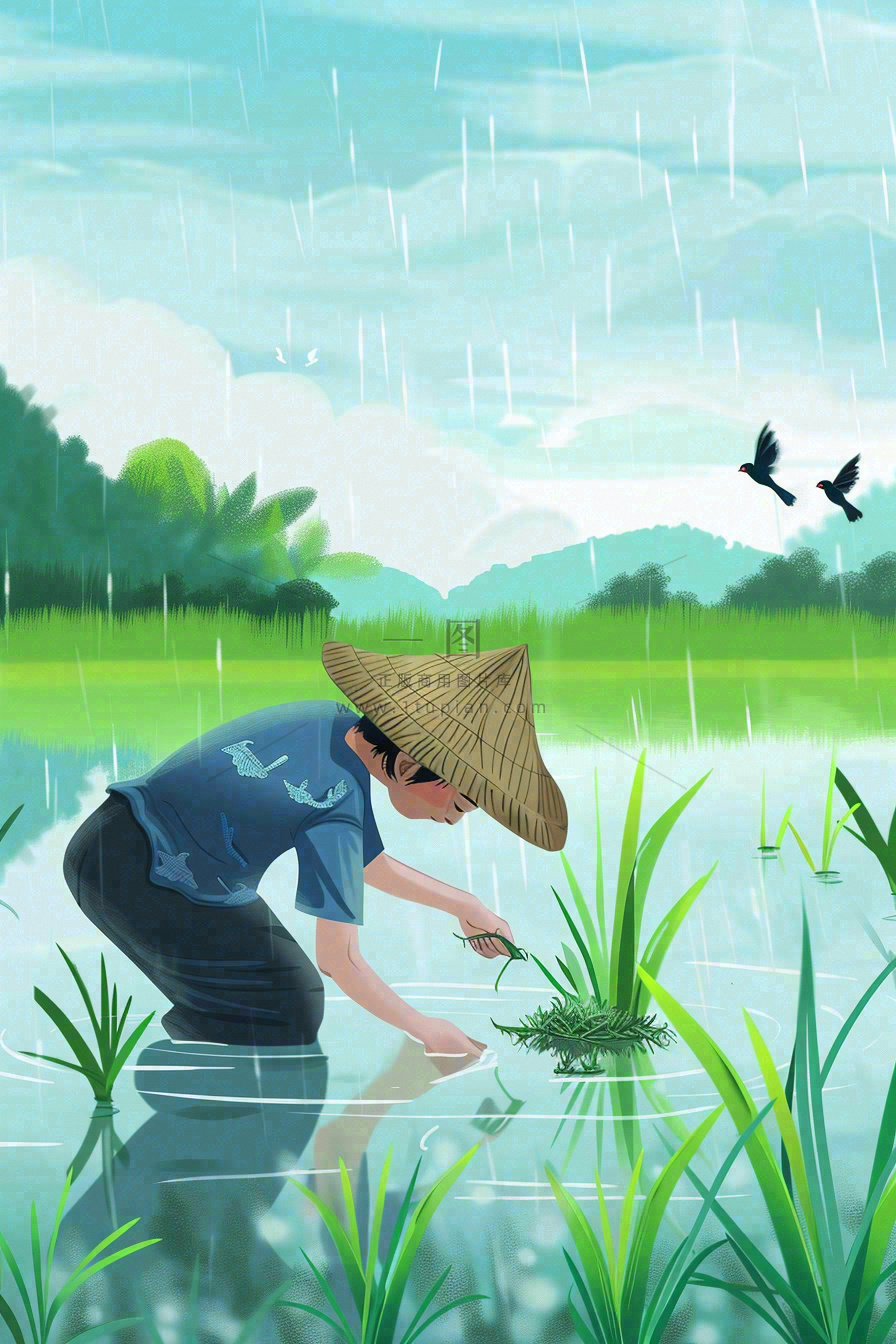 春耕农民种植水稻水田春雨燕子小满芒种春分卡通插画背景
