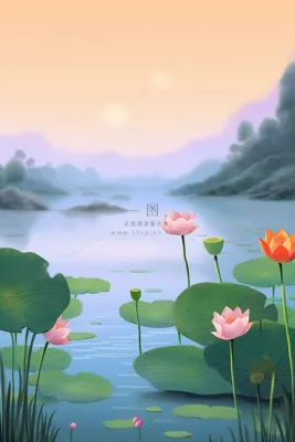 简约国风莲花傍晚背景 简约国风莲花傍晚背景