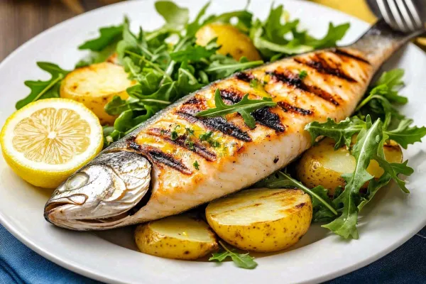 美味烤鱼沙拉柠檬美食摄影图