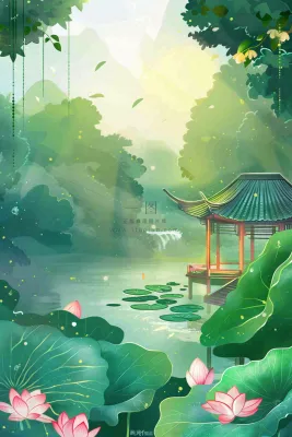 夏日江南苏式园林荷花池塘凉亭树荫阳光立夏夏至处暑插画背景