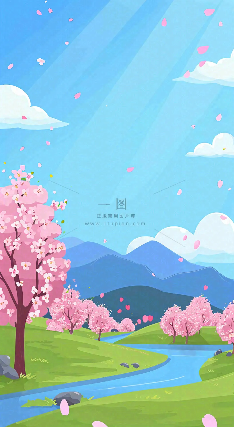 春天浪漫粉色樱花山脉河流蓝天白云清新手绘扁平插画，立春惊蛰