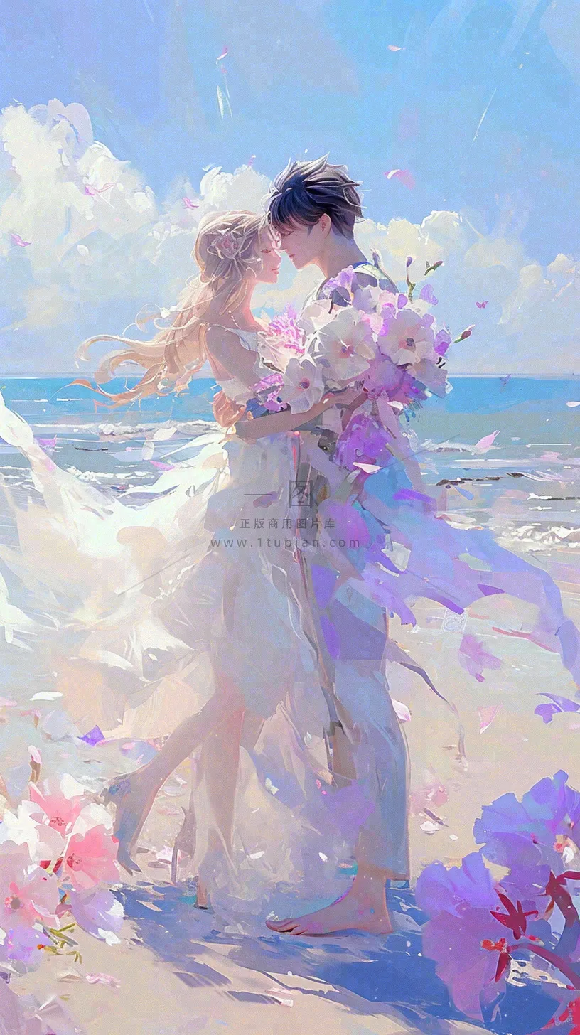 海边爱情情侣浪漫拥抱接吻,情人节婚纱照手绘插画