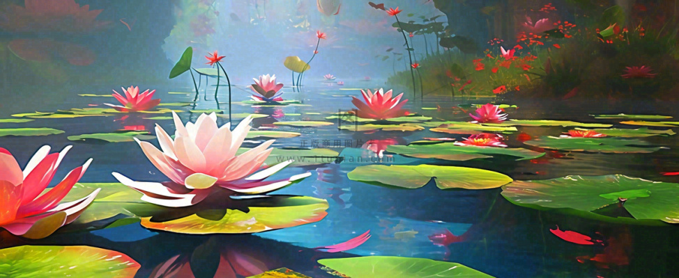 夏季池塘荷花荷叶盛开油画，小暑大暑夏至