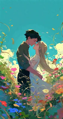 蓝天白云下情侣拥抱亲吻爱情，鲜花小草，情清新人节