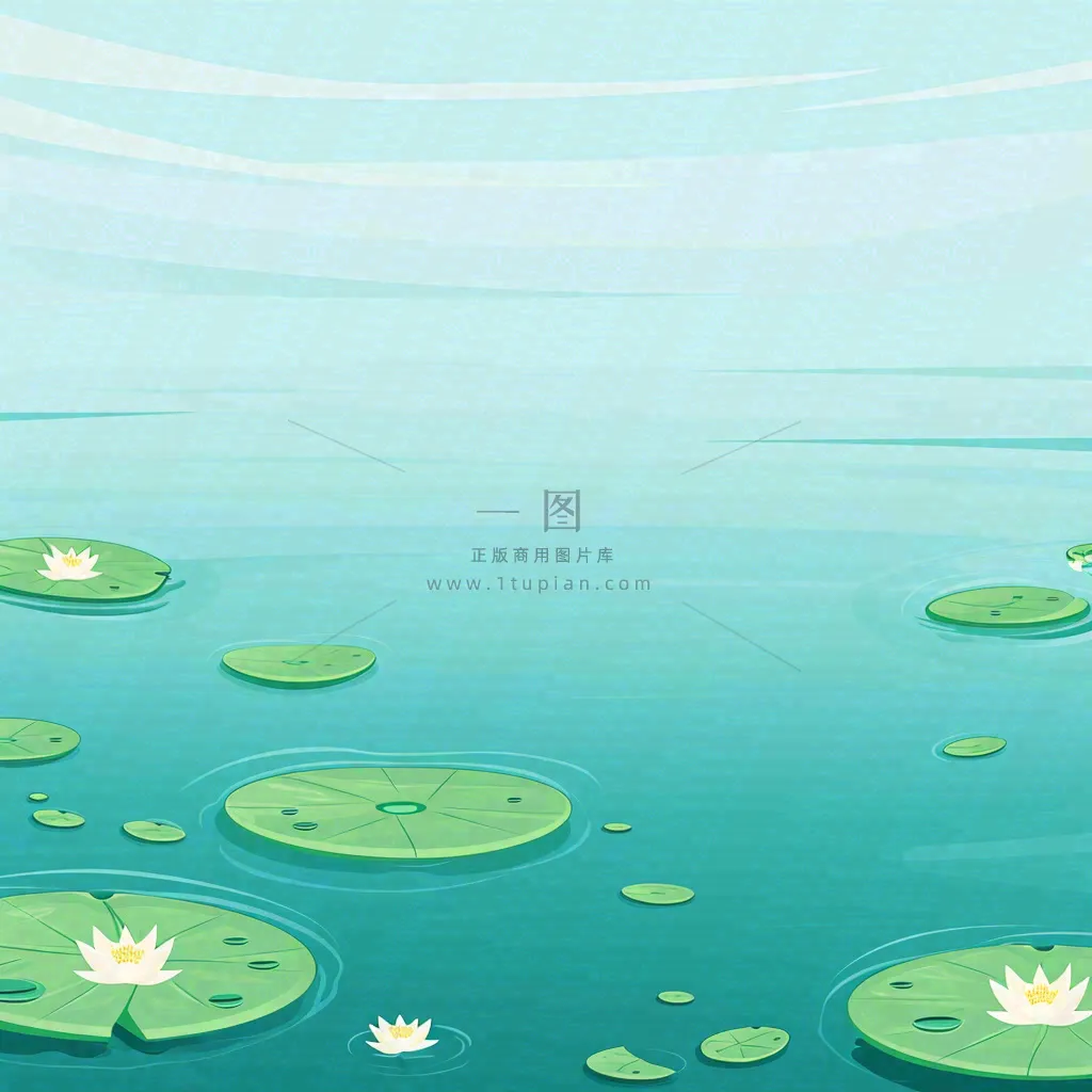 中国风夏日荷塘池白色荷花盛开手绘插画，立夏夏至大暑小暑