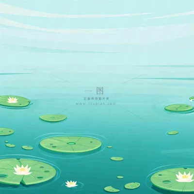 中国风夏日荷塘池白色荷花盛开手绘插画，立夏夏至大暑小暑