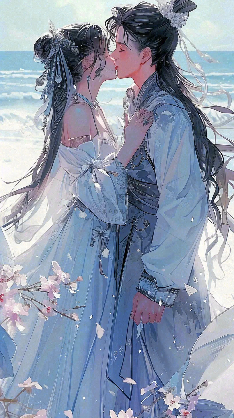 海边阳光沙滩情侣婚纱照爱情甜蜜情人节手绘插画