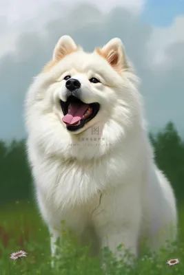 白色萨摩耶宠物狗在草坪花丛玩耍开心摄影图