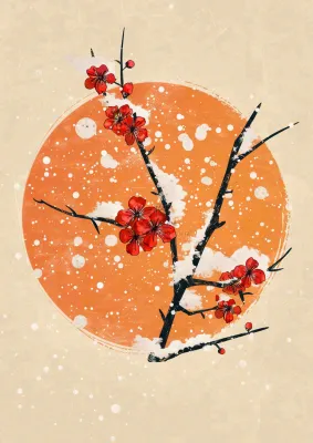 冬天梅花红圆形背景纸张纹理古风国风节日小年插画背景 冬天梅花红圆形背景纸张纹理古风国风节日小年插画背景