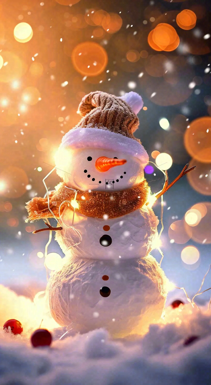 冬天雪地下雪戴帽子的雪人,可爱温暖小雪大雪冬至立冬