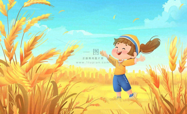 秋天丰收季麦田农田麦穗儿童嬉戏游玩芒种立秋处暑秋分卡通插画背景