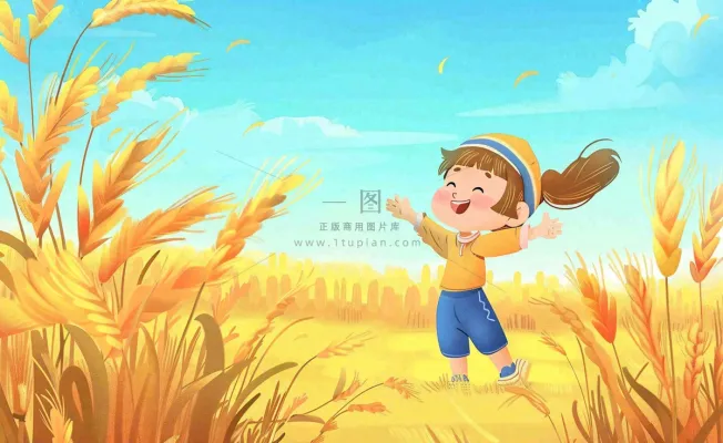 秋天丰收季麦田农田麦穗儿童嬉戏游玩芒种立秋处暑秋分卡通插画背景