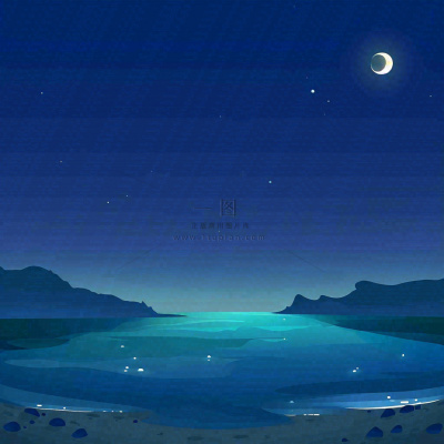 夜晚河面星空月亮唯美夜景扁平插画手绘