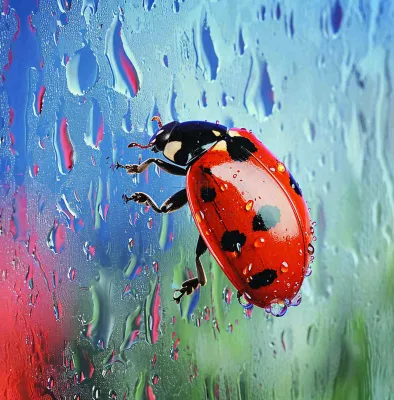 玻璃雨水下的绿叶昆虫七星瓢虫，彩色植物摄影图