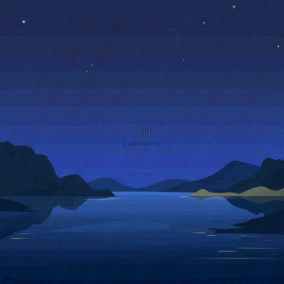 夜晚河面星空月亮唯美夜景扁平插画手绘