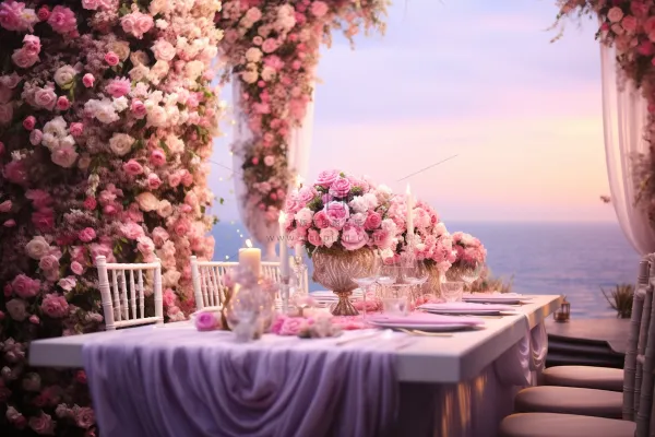 浪漫地中海婚礼粉色鲜花玫瑰梦幻浪漫摄影图
