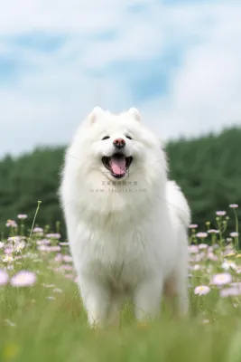 白色萨摩耶宠物狗在草坪花丛玩耍开心背景