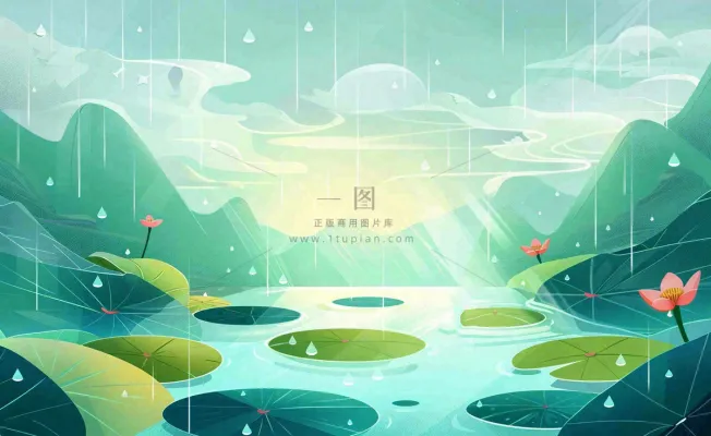 夏日荷花盛开暴雨天气山水花处暑小暑卡通插画背景 夏日荷花盛开暴雨天气山水花处暑小暑卡通插画背景
