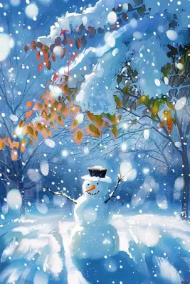 冬天夜晚大雪雪花飘零大树下的雪人唯美雪景插画大雪小雪背景 冬天夜晚大雪雪花飘零大树下的雪人唯美雪景插画大雪小雪背景